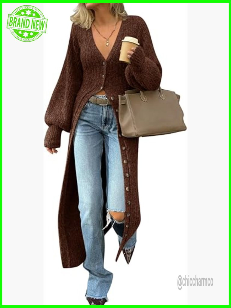 V Neck Button Down Chunky Knit Maxi Sweater Dress Cardigan Coat